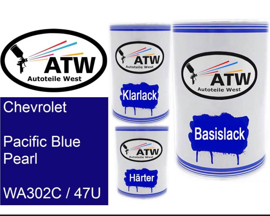 Chevrolet, Pacific Blue Pearl, WA302C / 47U: 500ml Lackdose + 500ml Klarlack + 250ml Härter - Set, von ATW Autoteile West.